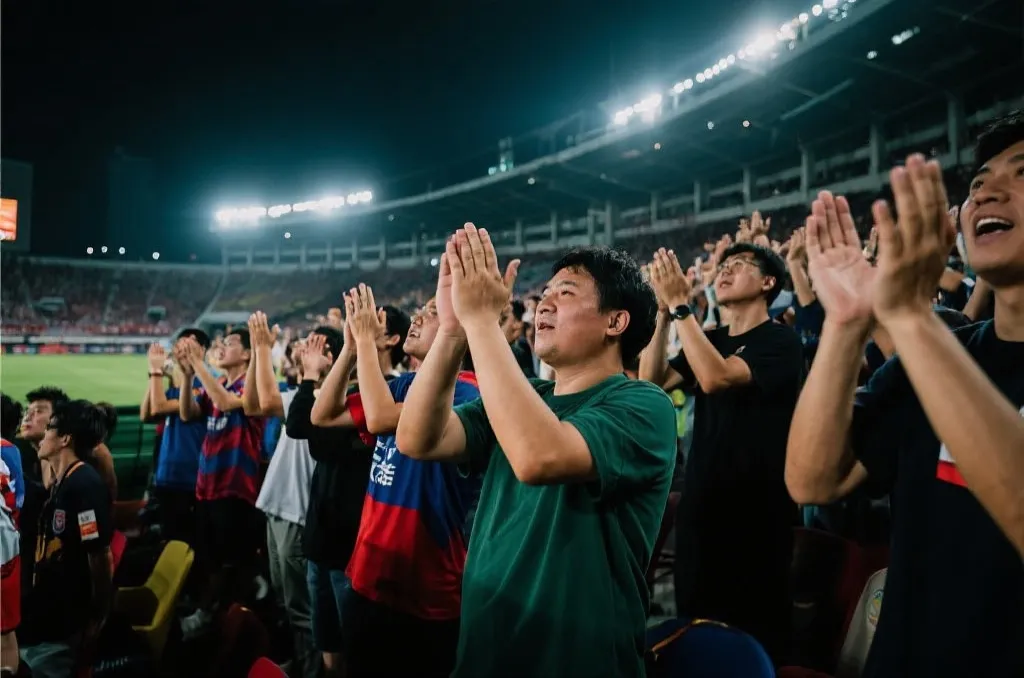 球迷在看台上挥舞旗帜并与周围观众共同欢呼的现场细节